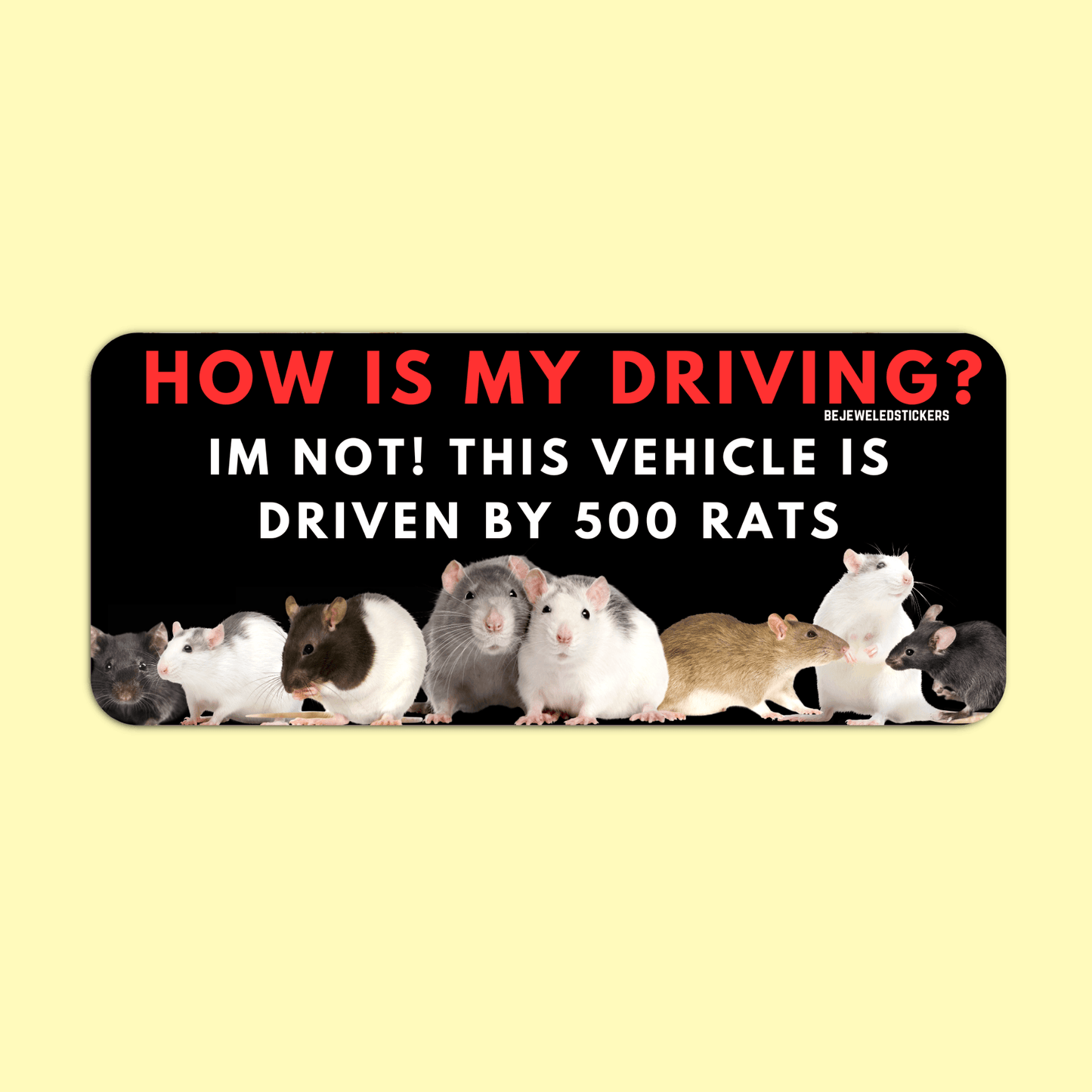 How Is My Driving? I'm Not, This Vehicle Is Driven By 500 Rats | Sticker, Bumper Sticker And Magnet! - bejeweled stickers